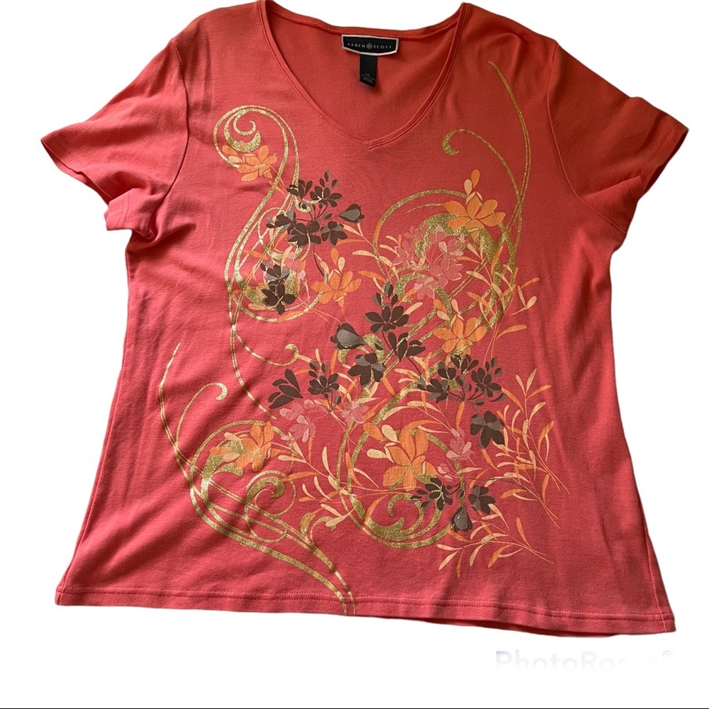 Karen Scott Coral Floral V Neck Short Sleeve Shirt Size XL